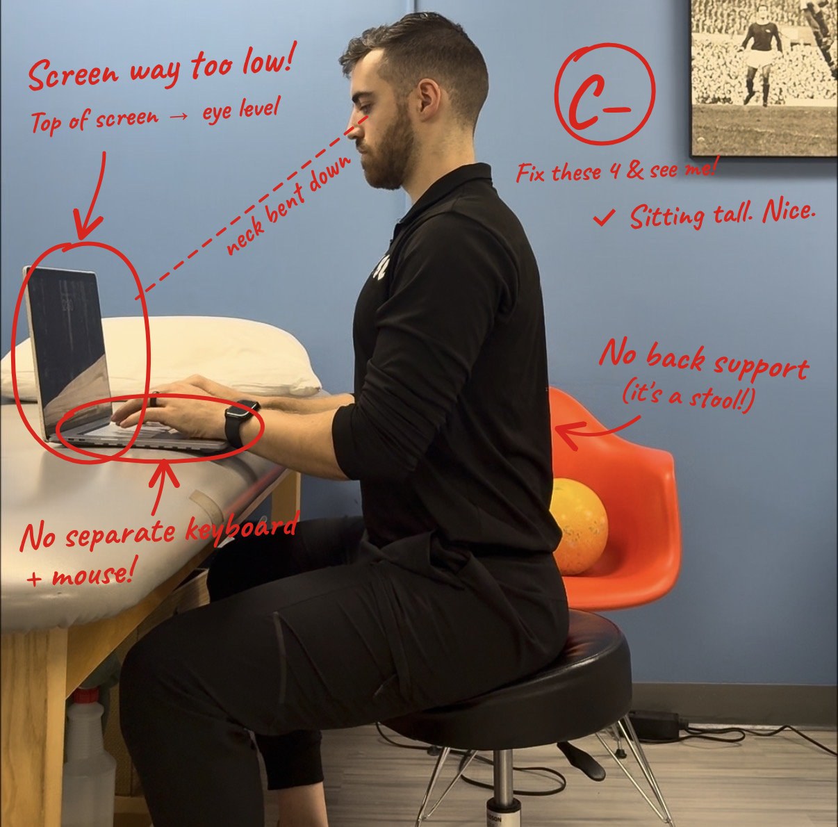Dr. Brad's own laptop setup, marked up in red pen with what's wrong